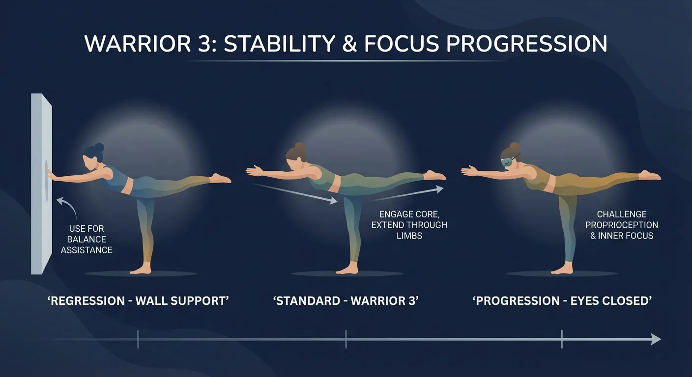 Warrior 3 progressions from wall support to chair-assisted hinge, standard Warrior 3, and closed-eye balance challenge