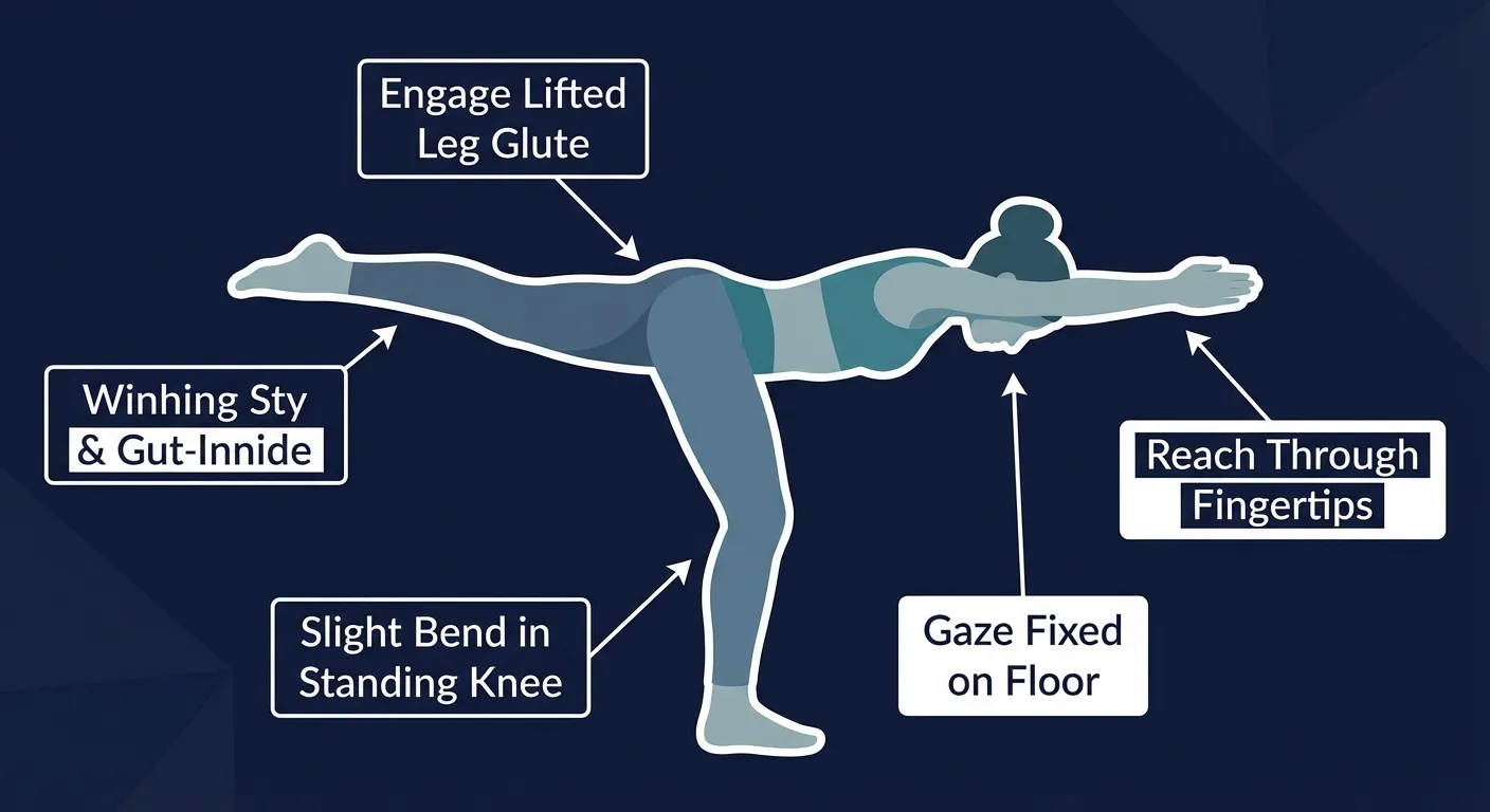 Warrior 3 proper form with a soft standing knee, square hips, active lifted leg, long spine, and steady gaze