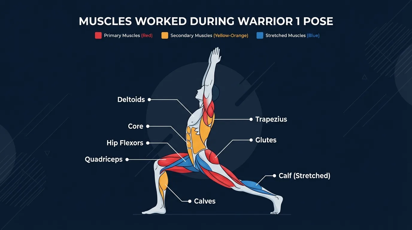 Warrior pose muscles engaged and stretched: quadriceps, glutes, hip flexors, calves, deltoids, upper back, and core stabilizers