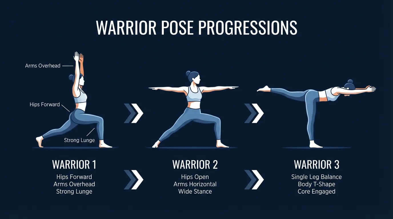 Warrior pose progression pathway from Warrior 1 to Warrior 2 to Warrior 3 single-leg balance