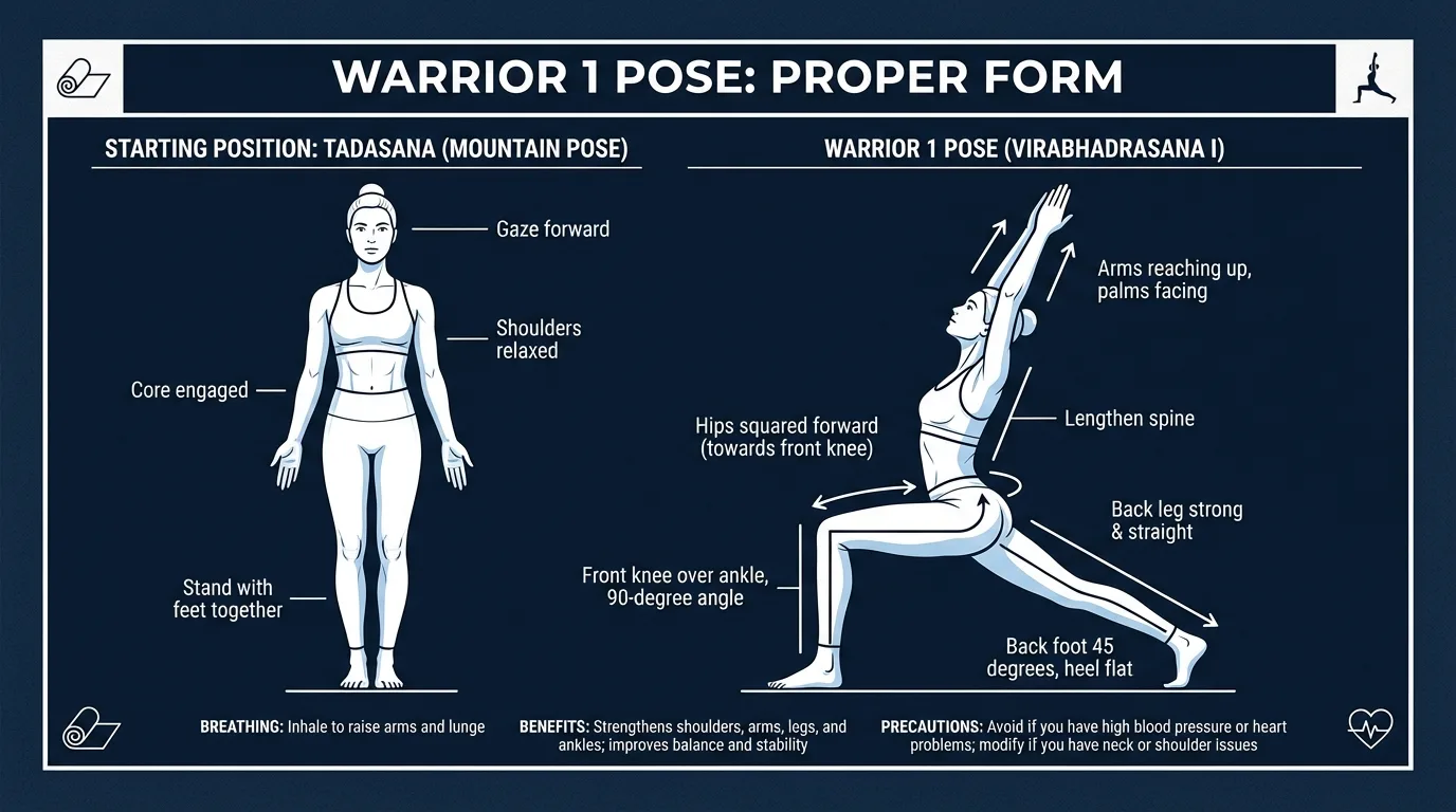 Warrior pose proper form with hips squared forward, front knee stacked over ankle, back heel grounded, and arms reaching overhead
