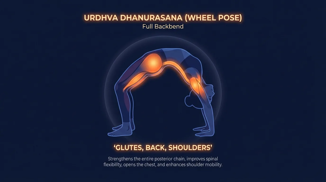 Wheel pose muscles engaged and stretched: glutes, hamstrings, spinal erectors, deltoids, triceps, chest, hip flexors, abdominals, lats, and front shoulders