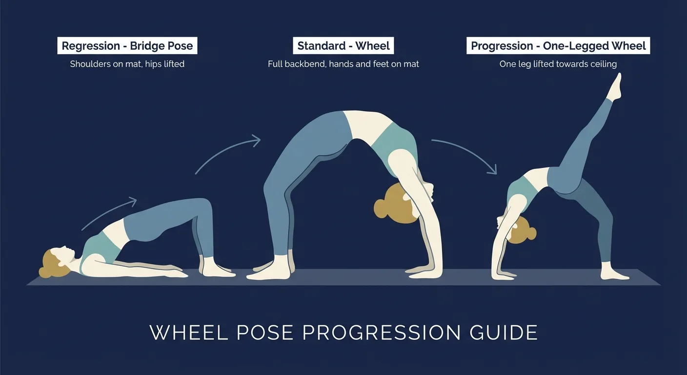 Wheel pose progression path from bridge regression to elevated wheel, standard wheel, and one-legged wheel