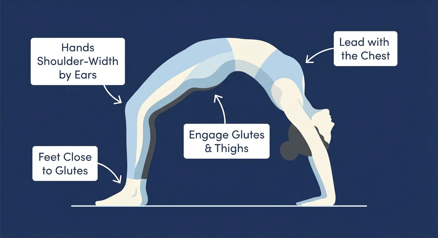 Wheel pose proper form with feet parallel, hands beside the ears, arms pressing tall, chest lifting through the shoulders, and glutes engaged
