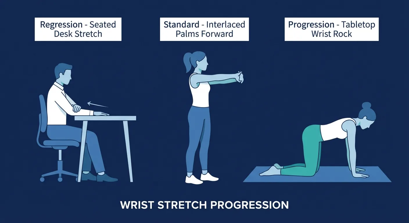 Wrist stretch variations showing a desk regression, standard clasped-hands stretch, and tabletop wrist rock progression