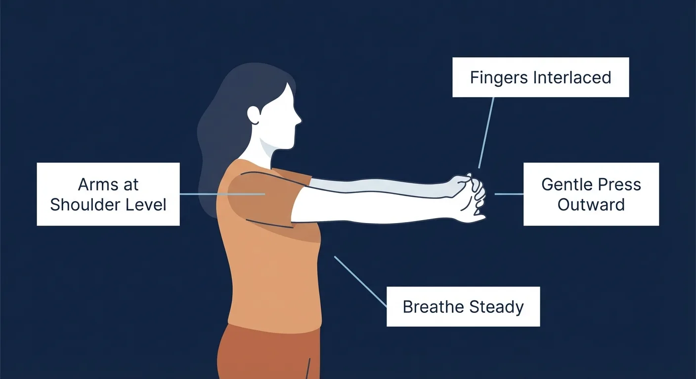 Wrist stretch proper form with arms at shoulder height, fingers interlaced, and palms pressing forward gently