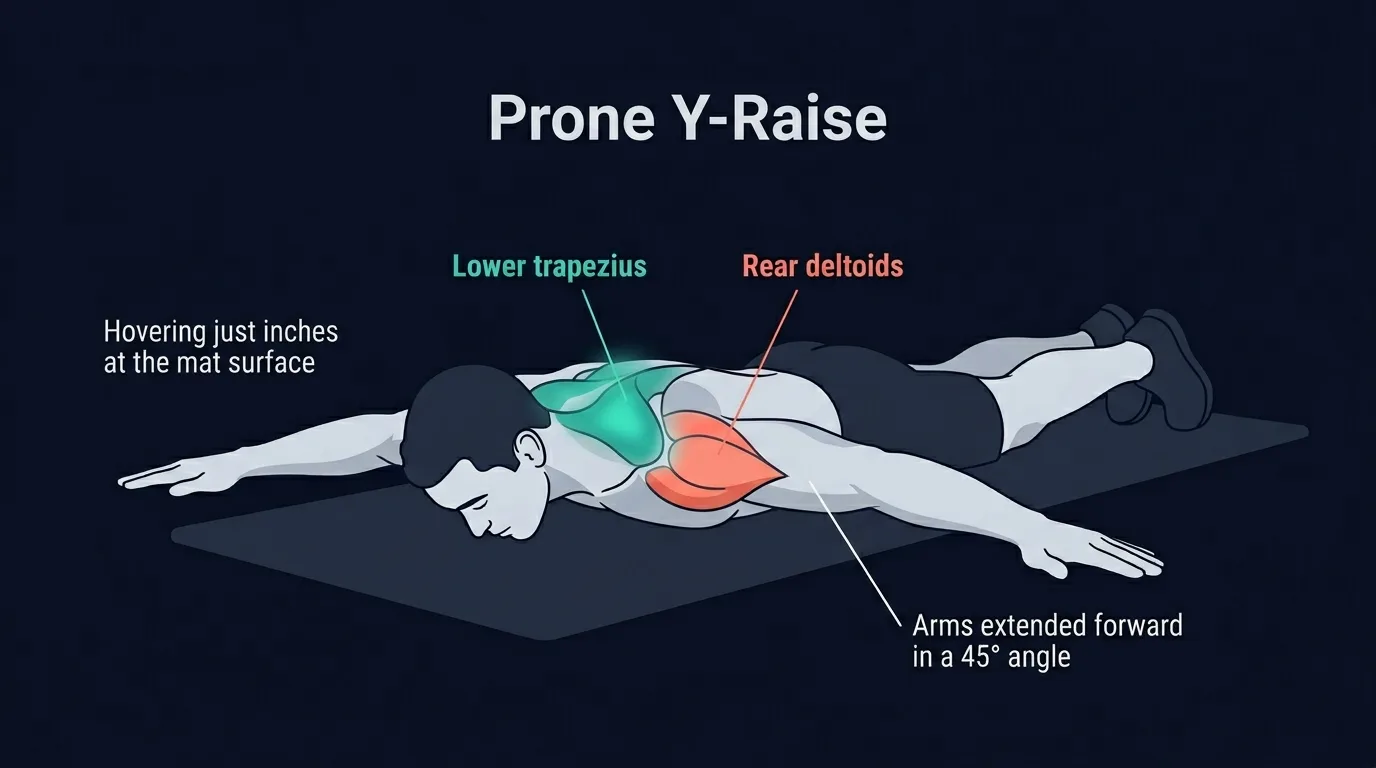 Prone Y raise muscles worked: lower trapezius as the primary target with posterior deltoids, rhomboids, rotator cuff, and middle trapezius assisting