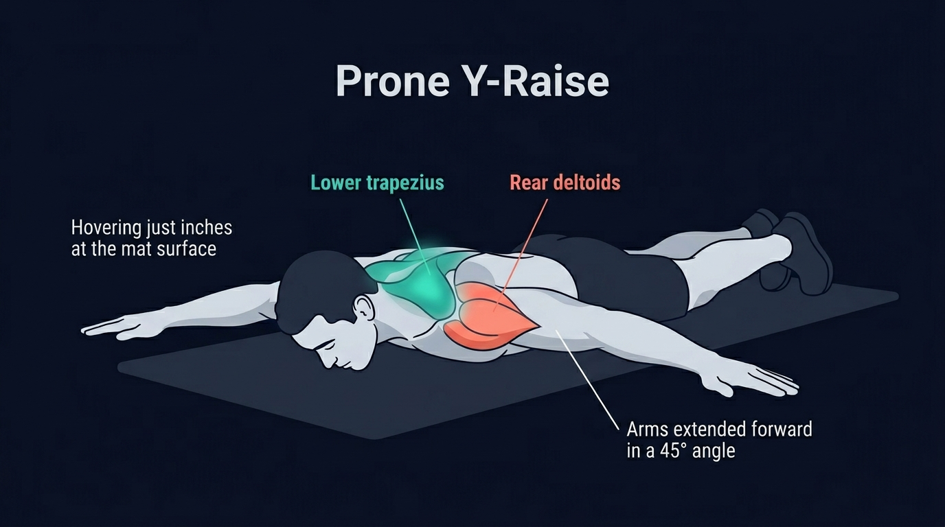 Prone Y raise muscles worked: lower trapezius as the primary target with posterior deltoids, rhomboids, rotator cuff, and middle trapezius assisting