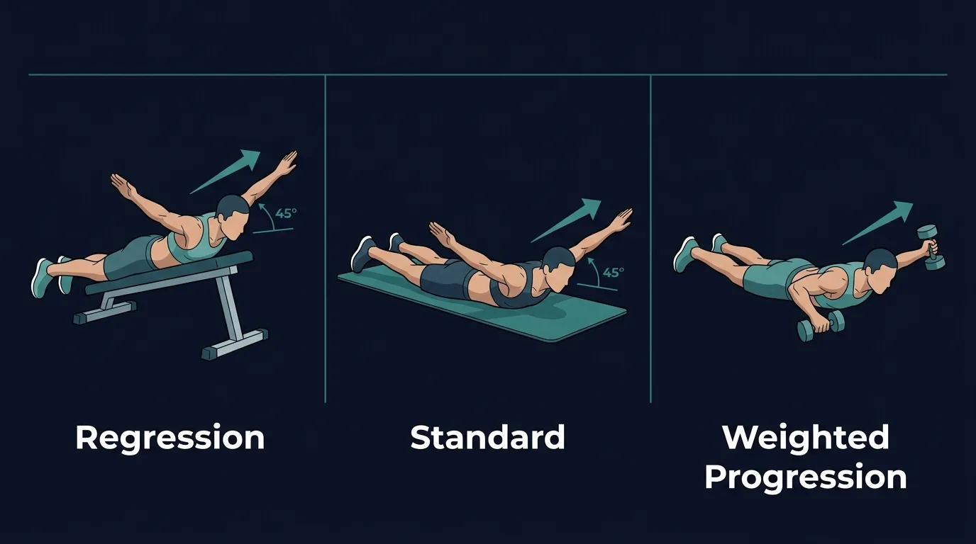 Prone Y raise progressions from short-range bodyweight reps to longer holds, incline bench Y raises, and very light dumbbell Y raises