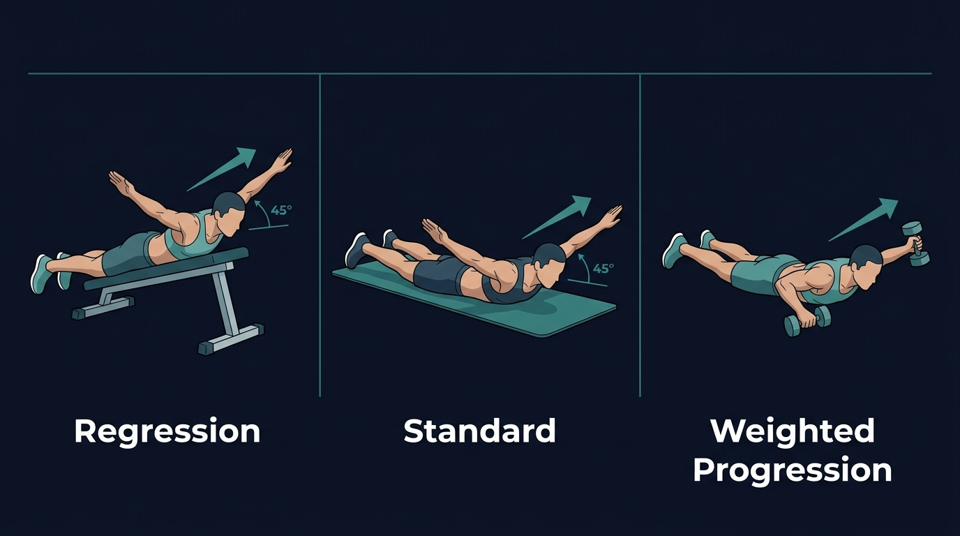 Prone Y raise progressions from short-range bodyweight reps to longer holds, incline bench Y raises, and very light dumbbell Y raises