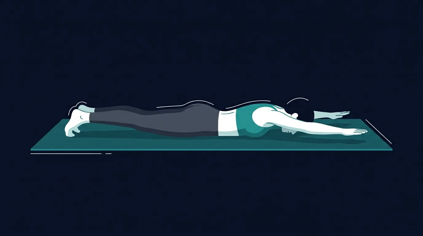 Prone Y raise proper form with a person lying face down, arms straight at a 45-degree diagonal, thumbs up, and shoulders kept away from the ears