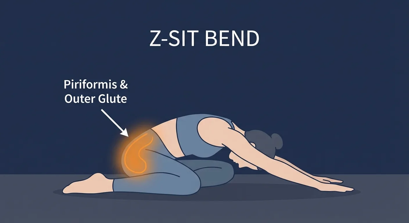Z sit bend areas stretched: outer glute, piriformis, deep hip rotators, and posterior hip capsule during a flat-back forward fold