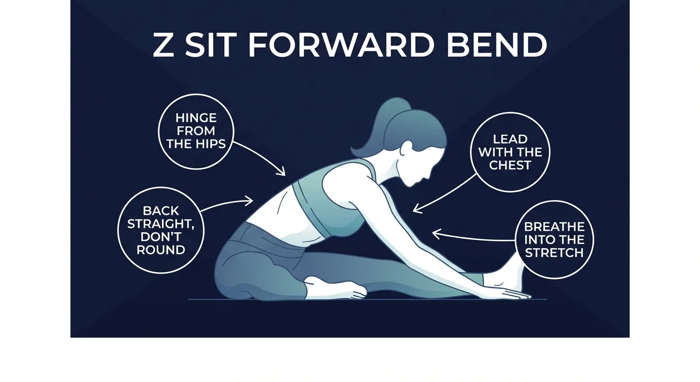 Z sit bend proper form showing a seated flat-back hip hinge with hands walking forward and both hips supported