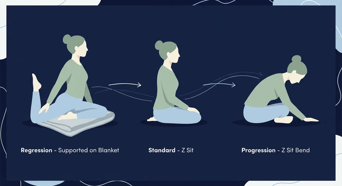Z sit progression path from supported Z sit to standard Z sit, Z sit bend, and Z sit reach