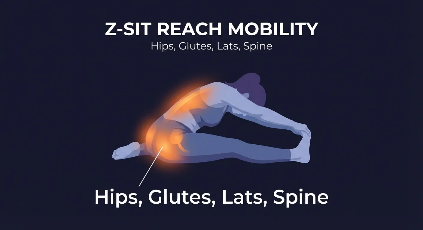 Z sit reach areas stretched: hip external rotators, piriformis, outer glutes, lats, obliques, and spinal extensors