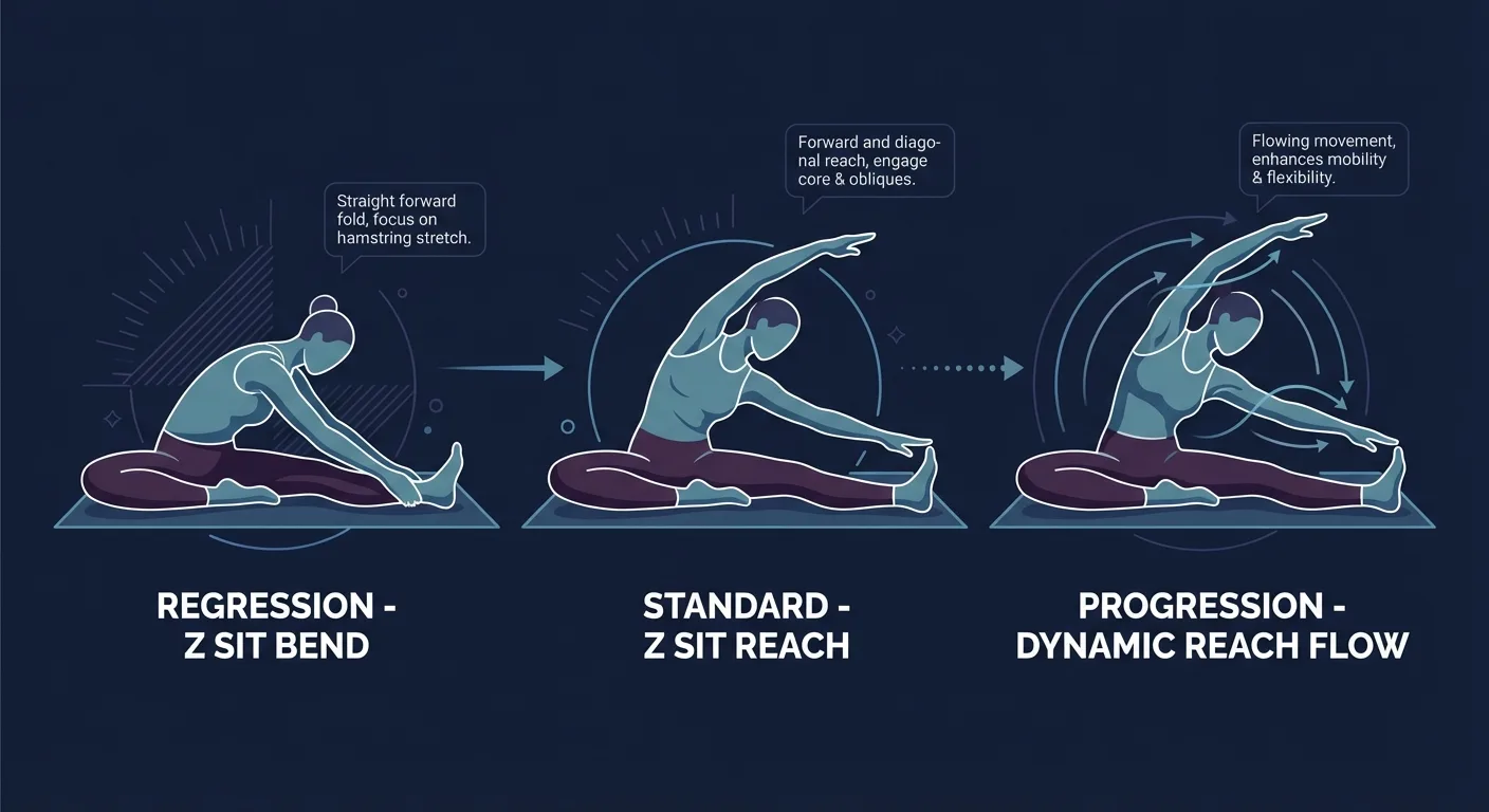 Z sit reach progression from base Z sit to Z sit bend, standard Z sit reach, and dynamic reach flow