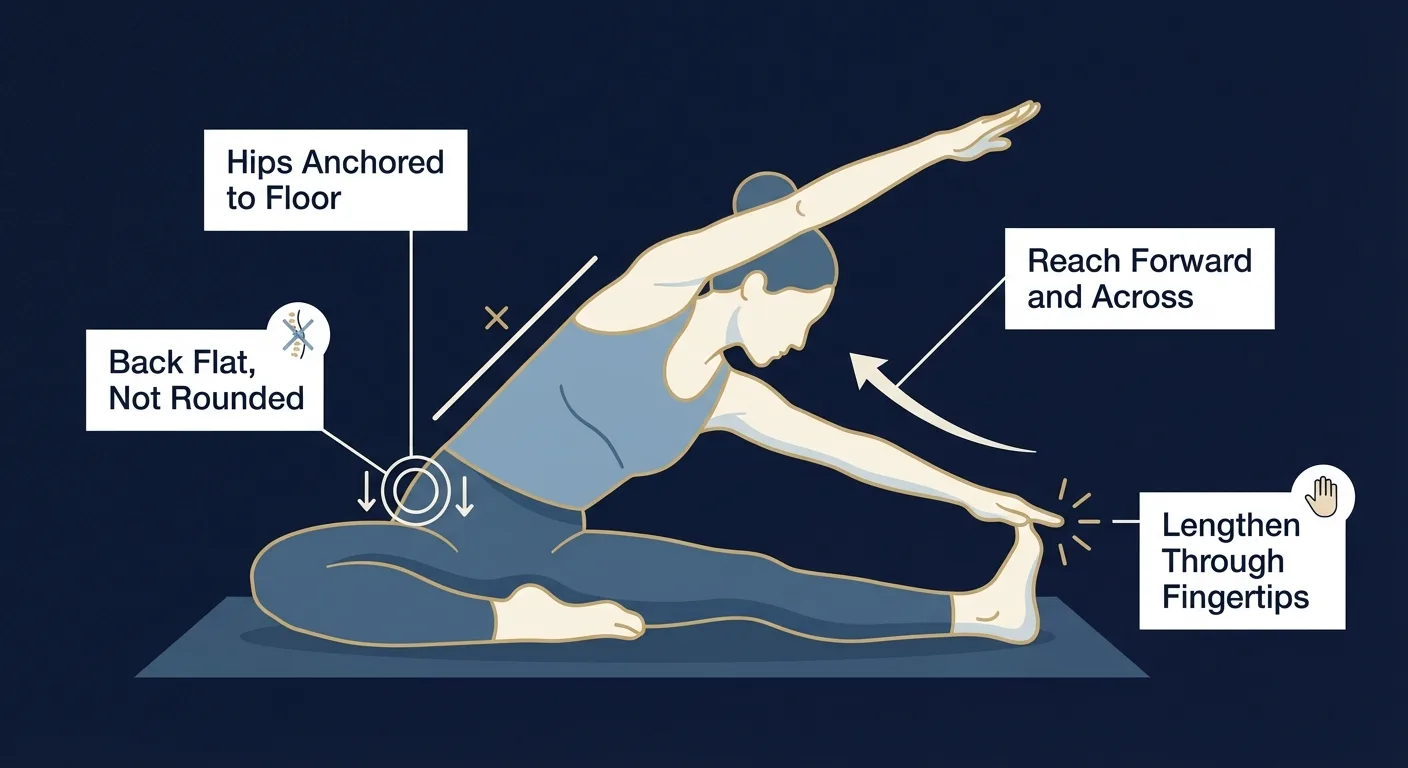 Z sit reach proper form with grounded hips, long spine, flat-back hinge, and diagonal forward reach