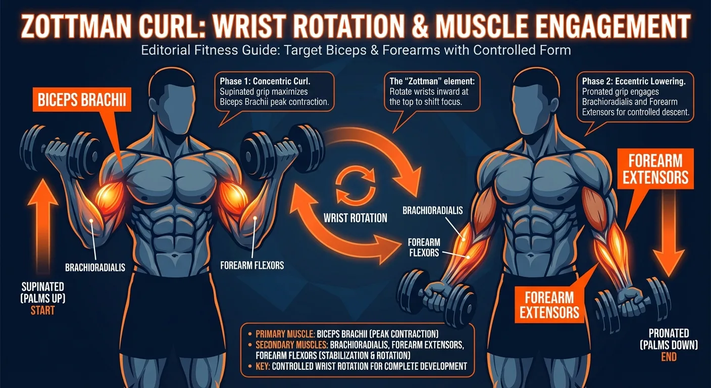Zottman curl muscles worked: biceps brachii and brachialis during the palms-up curl, with brachioradialis, wrist extensors, and forearm rotators during the palms-down lower