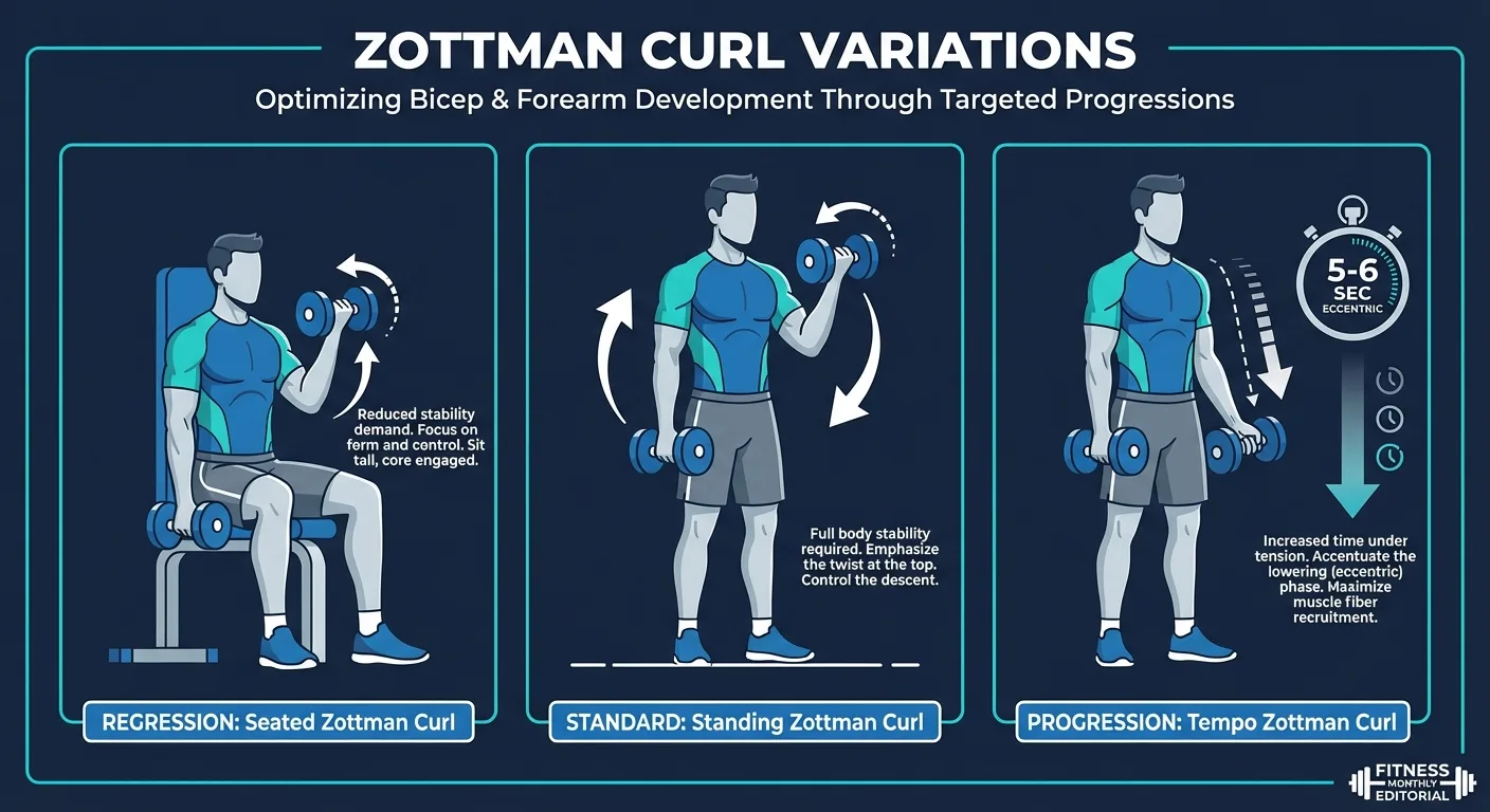 Zottman curl progressions showing seated regression, standard standing form, and slow tempo lowering for advanced forearm control