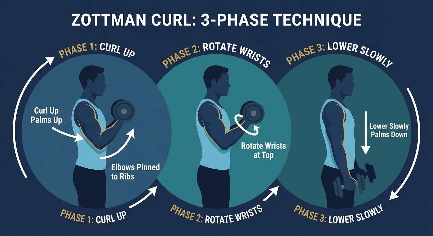 Zottman curl proper form showing a palms-up curl, controlled wrist rotation at the top, and slow palms-down lowering phase