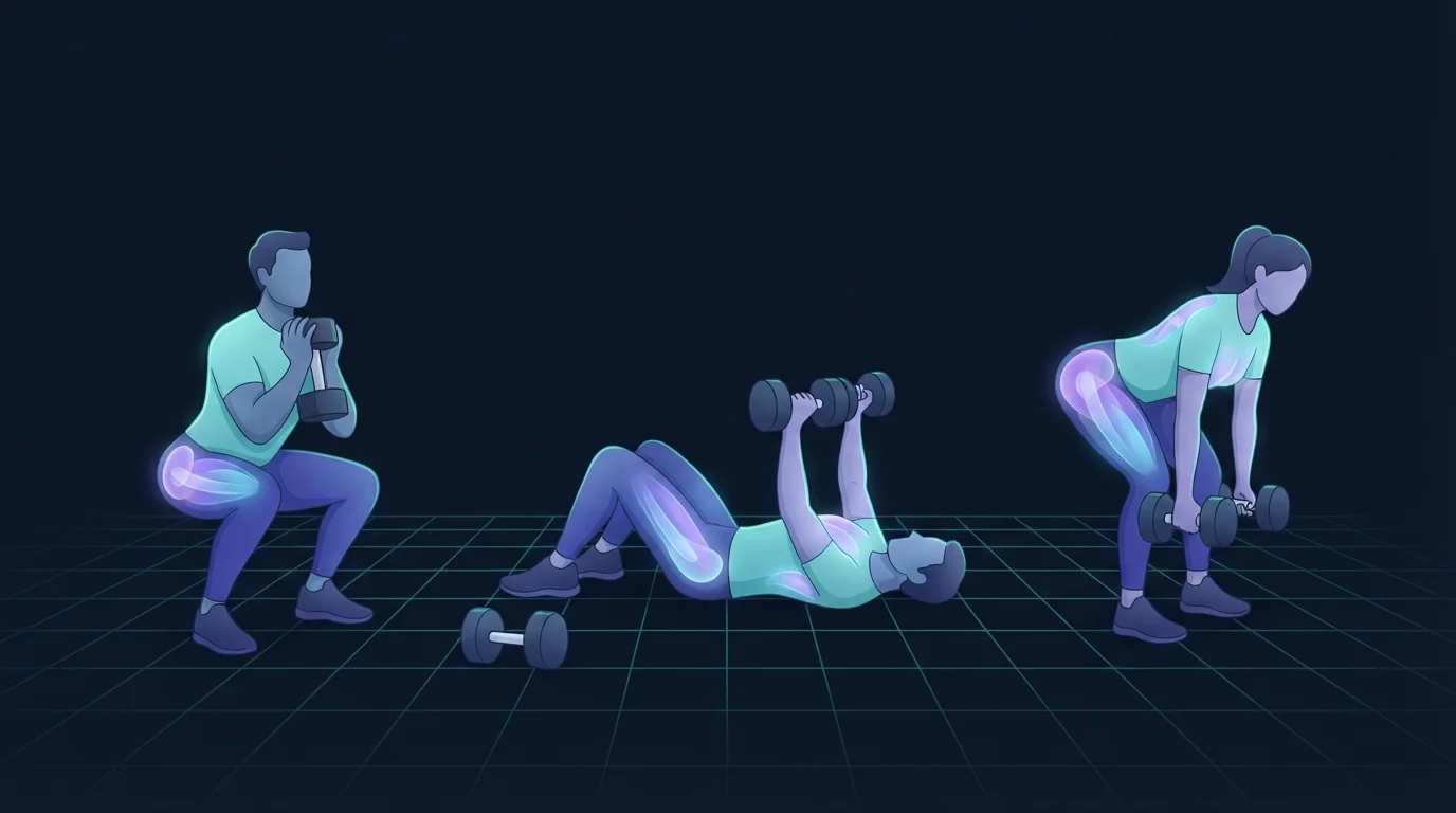 Three figures spaced across a grid floor performing a goblet squat, a floor press and a hip hinge, with the glutes, quads, chest and back glowing on all three to show whole-body coverage