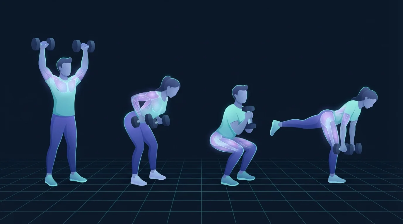 Four figures in a row, each mid-rep on a different dumbbell movement: an overhead press, a bent-over row, a goblet squat and a single-leg hinge, with the working muscles glowing on each