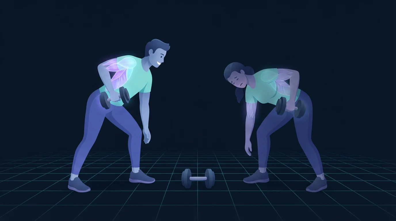 Two figures rowing a single dumbbell facing each other, the left one upright and sharp with the back muscles glowing brightly, the right one slumped and fatigued with the same muscles glowing faintly