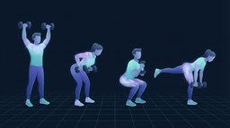 Four figures in a row, each mid-rep on a different dumbbell movement: an overhead press, a bent-over row, a goblet squat and a single-leg hinge, with the working muscles glowing on each