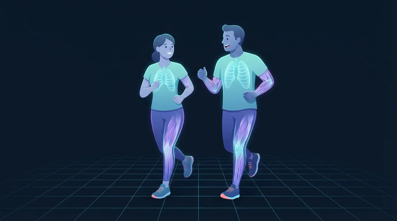Two people jogging side by side at a relaxed conversational pace with the rib cage and lungs glowing softly, showing the effort level the talk test targets