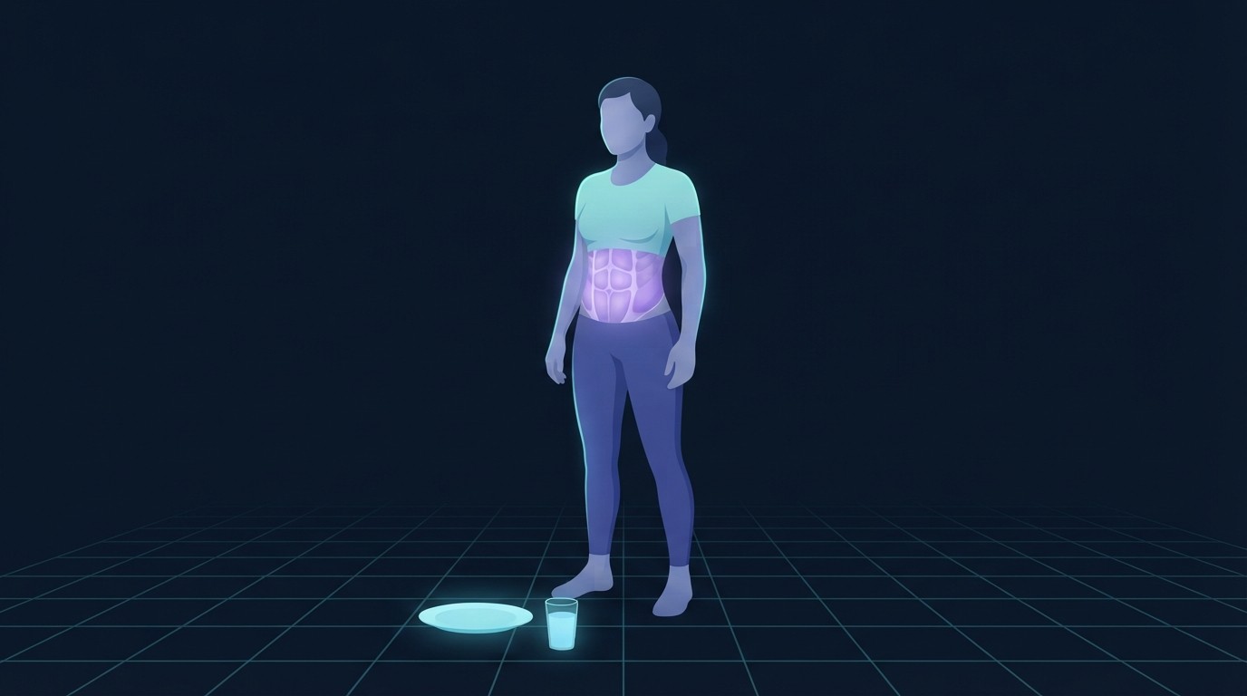 Illustration of an adult with the abdominal muscles highlighted standing beside a plain plate and glass of water, showing that diet uncovers abs built by core training