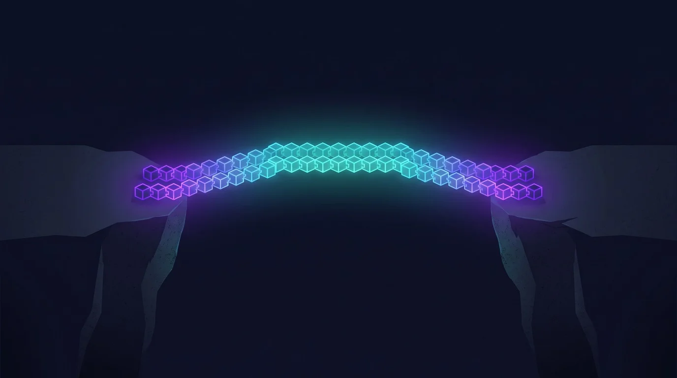 Illustration of the ADHD intention-action gap as two shores joined by a bridge built from decisions made in advance