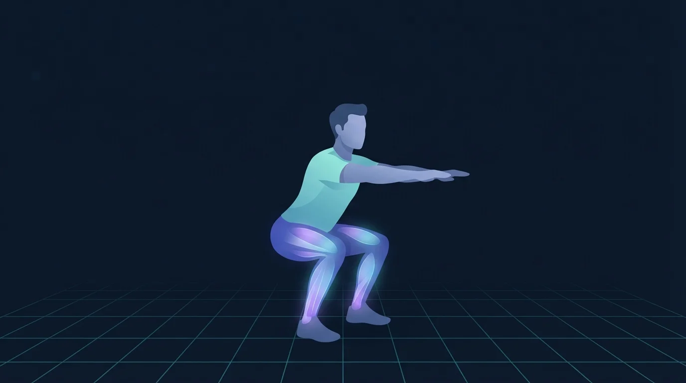 An illustrated figure at the bottom of a deep bodyweight squat with both heels flat on the floor and the shins, calves and thighs glowing, the position ankle mobility exercises are trying to unlock