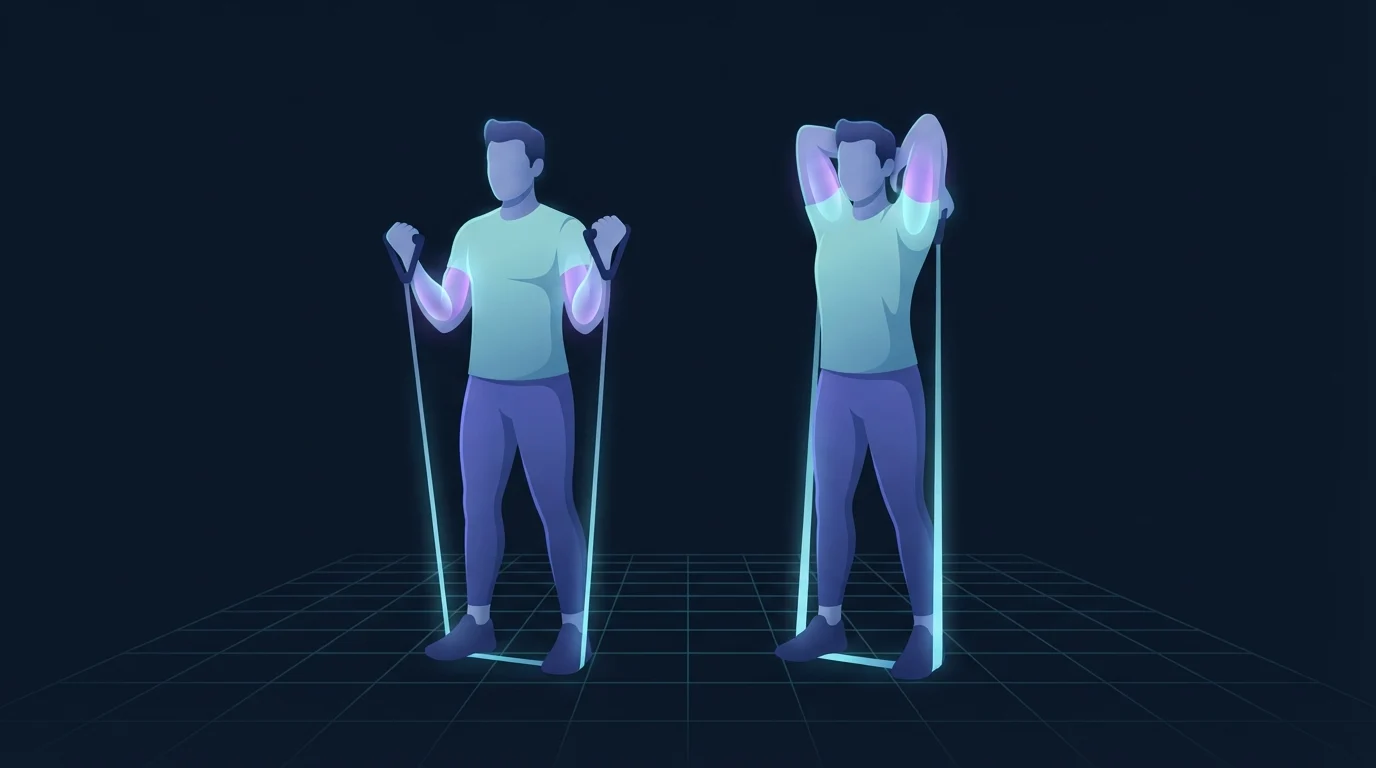 Two figures training arms with resistance bands anchored under their feet, one curling the handles to the shoulders with the biceps glowing and one pressing overhead behind the head with the triceps glowing