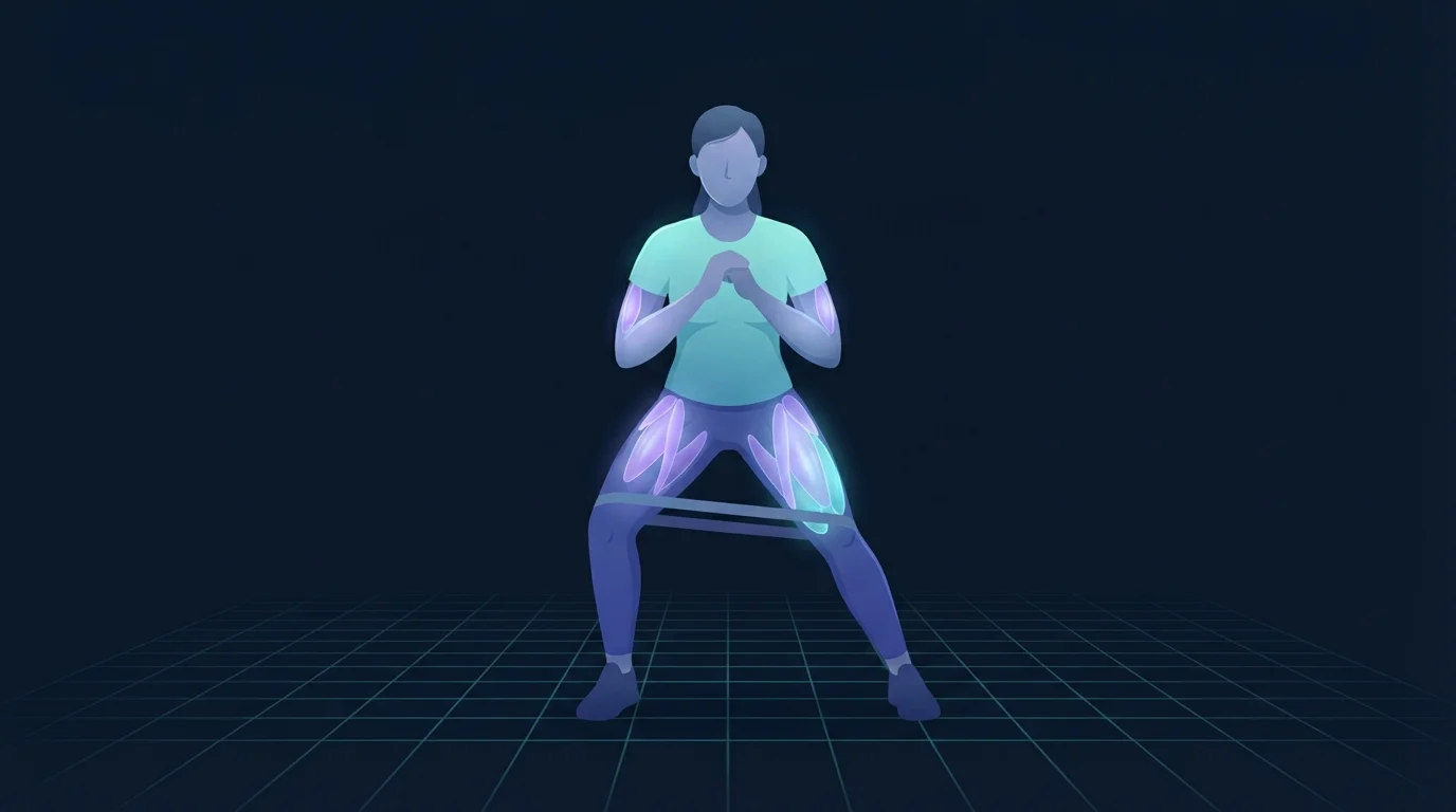 A figure holding a half squat with a loop band stretched taut between the legs mid-way through a sideways step, hips and glutes glowing on both the stepping leg and the planted leg