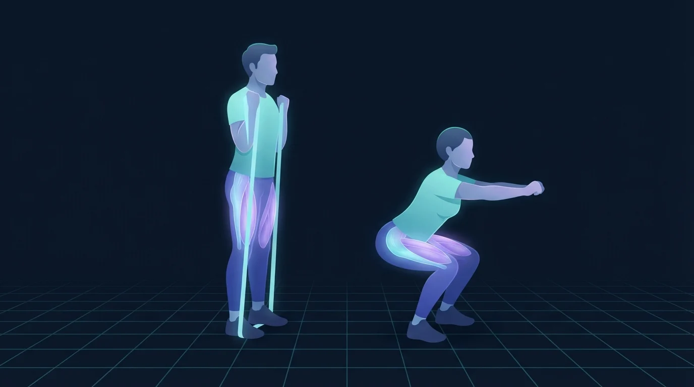 One figure standing tall with a resistance band stretched from foot to shoulder beside a second figure at the bottom of a squat, quadriceps and glutes glowing in both