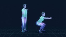 One figure standing tall with a resistance band stretched from foot to shoulder beside a second figure at the bottom of a squat, quadriceps and glutes glowing in both