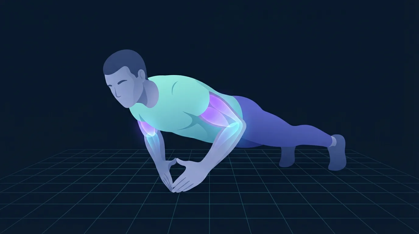 A figure at the bottom of a diamond push-up with the hands close together under the chest and the elbows tucked against the ribs, the backs of both upper arms glowing to show the triceps working
