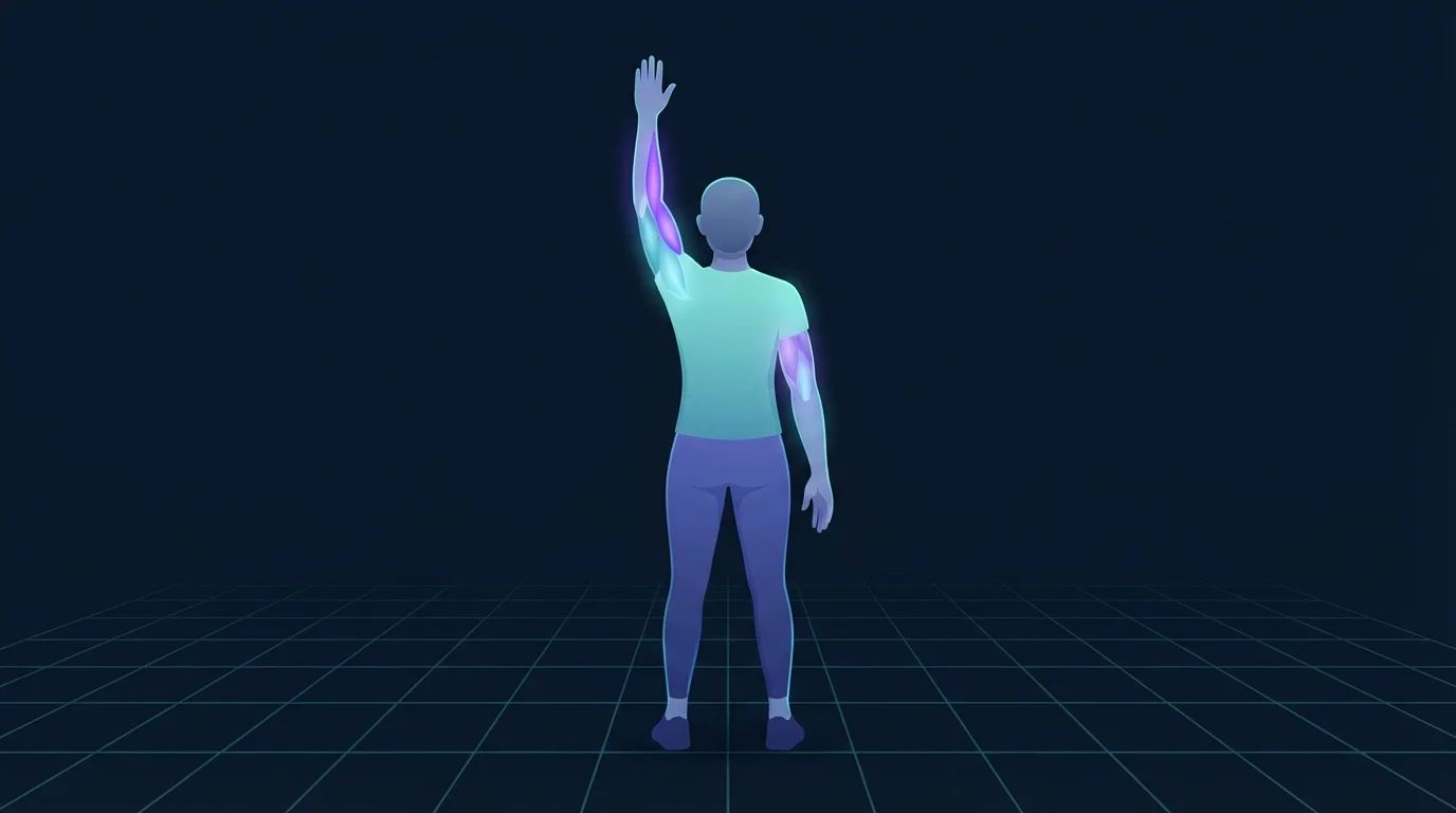 A figure seen from behind with one arm raised straight overhead and the back of that upper arm glowing along its full length, while the arm resting at the side stays dim