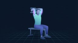 A seated figure holding a single weight overhead with both hands and lowering it behind the head, elbows pointing at the ceiling, with the back of both upper arms glowing to show the triceps under load