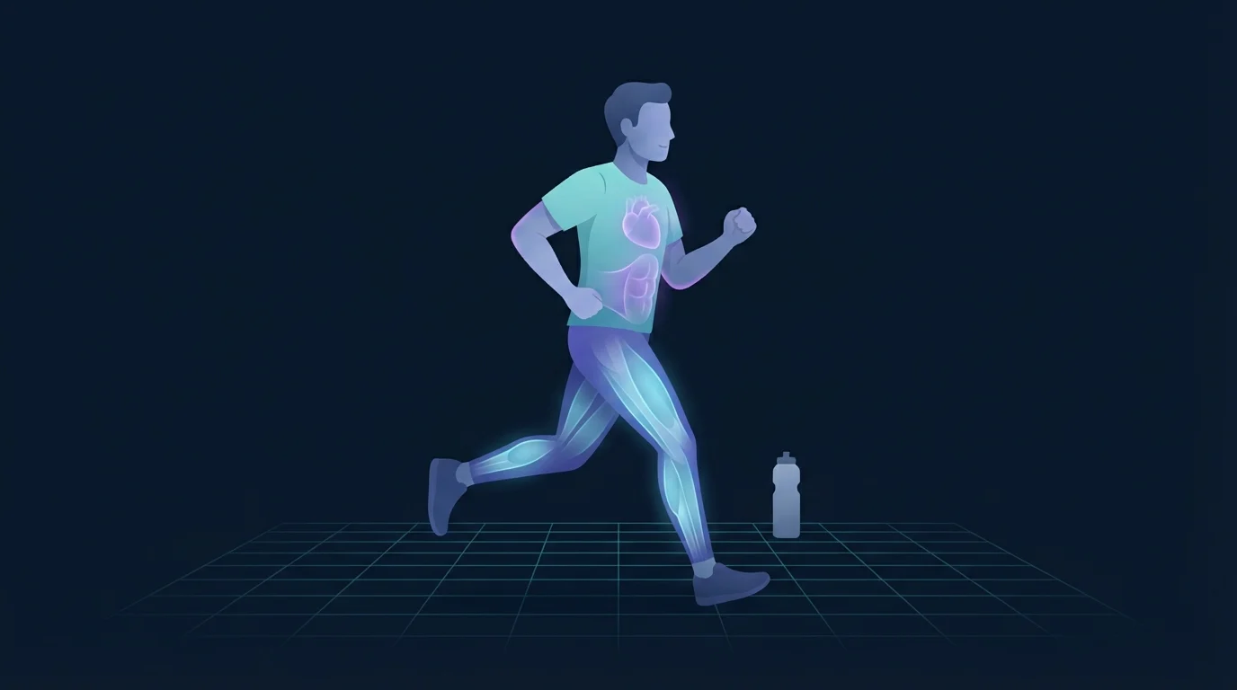 A runner in profile at a steady conversational pace with the heart and deep abdominal region glowing violet and the leg muscles glowing cyan