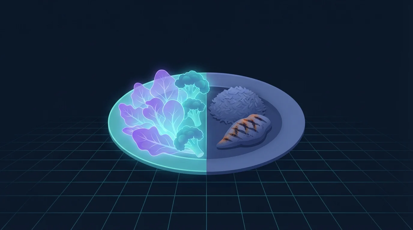 A dinner plate with half its surface heaped with glowing leafy greens and broccoli beside a smaller portion of rice and grilled chicken, showing how vegetables add volume to a meal without adding many calories