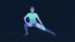 A figure in a wide lateral lunge with one leg straight and the other bent, the inner thigh of the straight leg glowing violet and cyan from the groin down to the knee