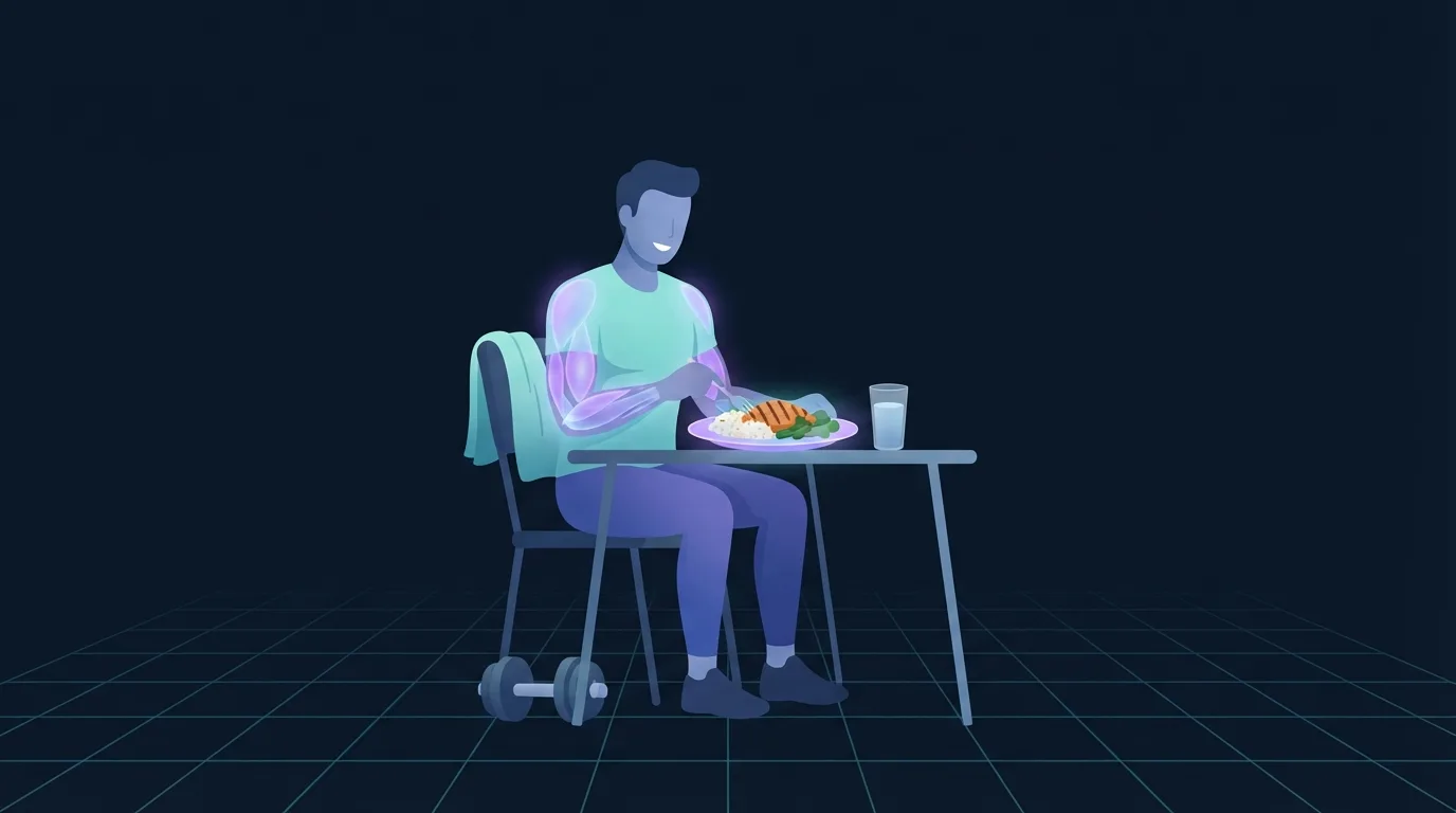 A lifter sitting down to a plate of chicken, rice and vegetables straight after training, with a towel on the chair and a dumbbell on the floor