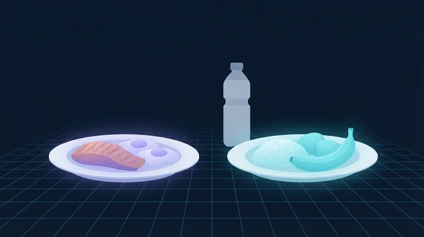 Two plates side by side, one holding salmon and eggs glowing violet and the other holding rice, potato and a banana glowing cyan, with a water bottle between them