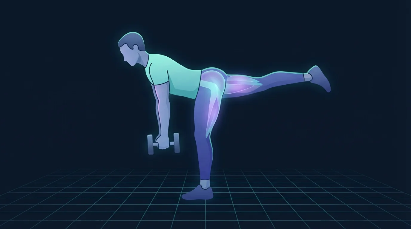 A person balancing on one leg in a single-leg Romanian deadlift with a dumbbell in the opposite hand and the free leg extended behind, the hamstring and glute of the standing leg glowing under load