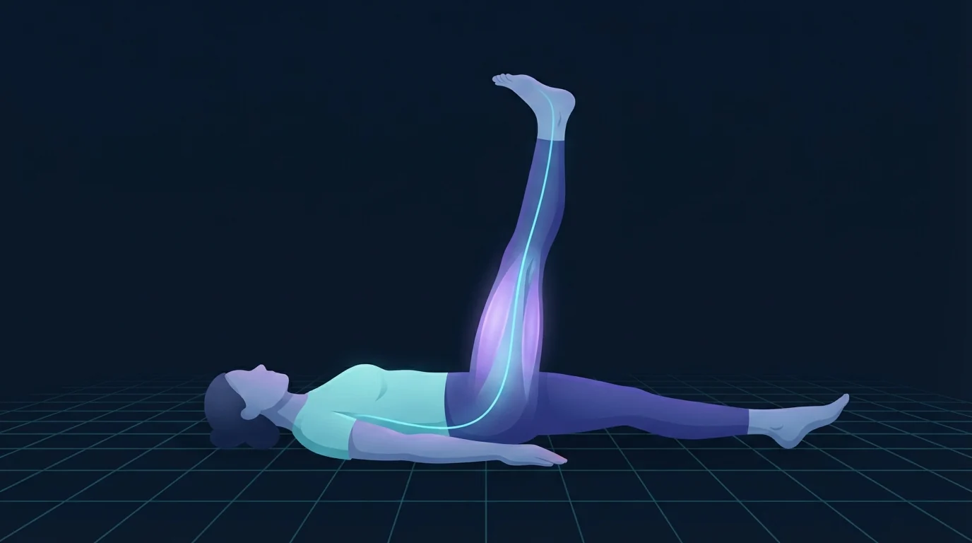 A person lying on their back with one leg raised and the ankle flexed, the back of the thigh glowing as muscle while a thin cyan line traces the sciatic nerve path from the low back down to the heel