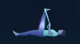A person lying on their back raising one straight leg with a plain strap looped around the foot, the back of the raised thigh glowing to show the hamstring under tension