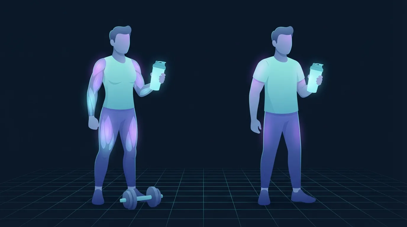 The same lifter shown twice, in training clothes with a dumbbell and in everyday clothes on a rest day, holding identical glowing shaker bottles