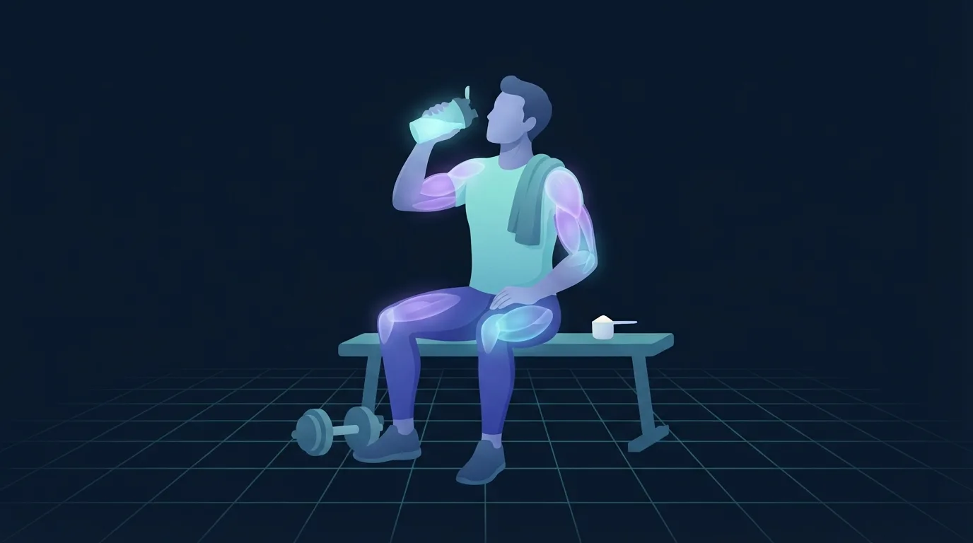 A lifter sitting on a bench after training, drinking from a plain shaker bottle with the shoulders, arms and quadriceps glowing, a dumbbell and a small scoop nearby