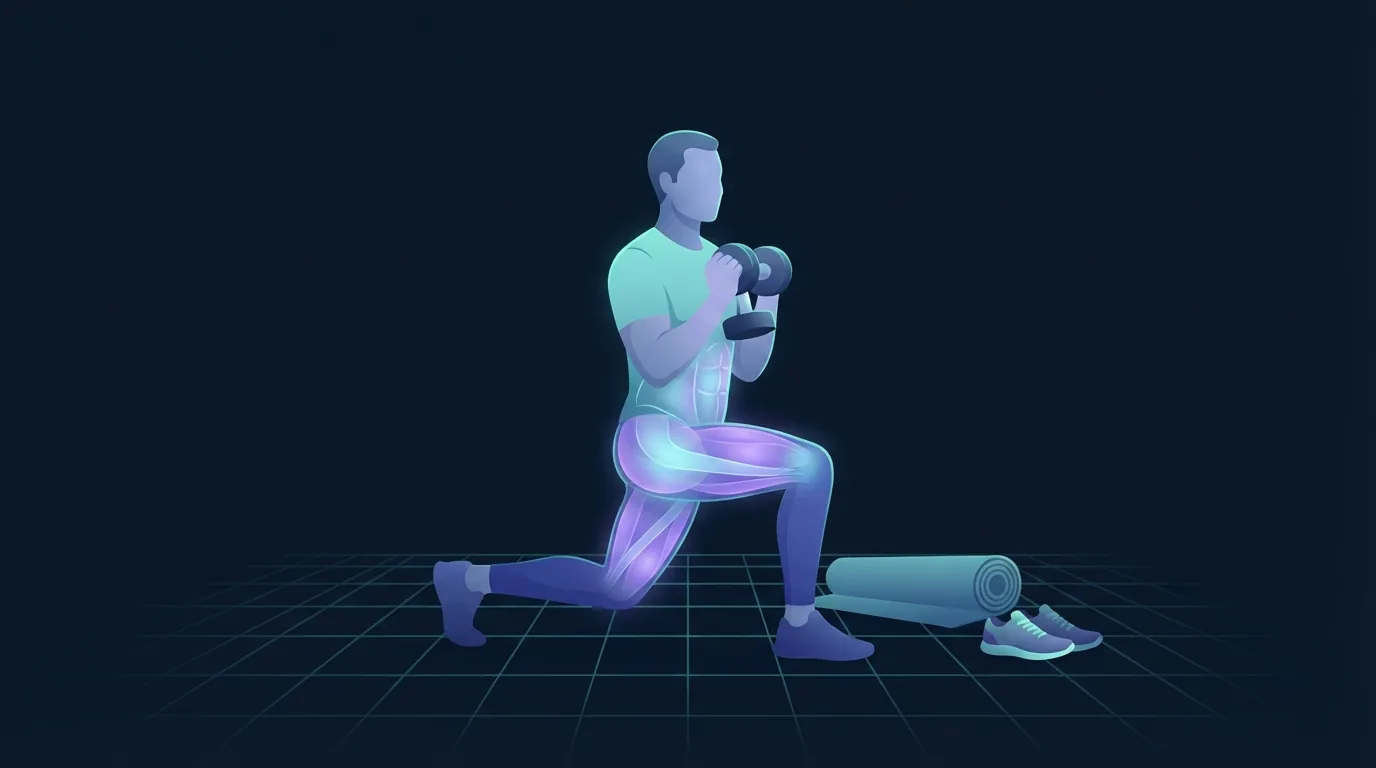 A person lunging with a single dumbbell beside a rolled mat and a pair of running shoes, the quads, glutes and abdominal wall glowing